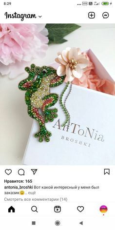 a brooch with a frog on it and some flowers in the background, sitting on top of a white box