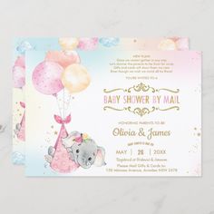 a baby shower by mail card with an elephant holding balloons