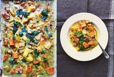 two plates with food on them next to a pan filled with different types of food