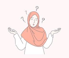 a woman wearing a hijab with question marks above her head and hands in the air