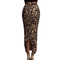 Leopard Print Pleated Back Split Maxi Skirt Fitted Long Skirt In Leopard Print, High Waist Stretch Leopard Print Skirt, Leopard Print Pencil Skirt For Party, Fitted Leopard Print Skirt For Party, Fitted Leopard Print Party Skirt, Split Maxi Skirt, Petticoat, Maxi Skirt, Leopard Print