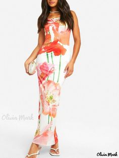 Olivia Mark - Floral Print Backless Vacation Sundress with Waist Tie and Bodycon Fit Spring Backless Bodycon Maxi Dress, Fitted Backless Maxi Dress For Spring, Spring Printed Backless Maxi Dress, Vacation Sundress, Dress Collar, Bodycon Fashion, U Neck, Lace Panelled, Types Of Skirts