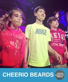 three young people with fake beards standing in front of a blue and purple background