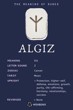 an advertisement with the words algiz in white on a dark blue background,