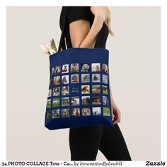 a woman carrying a blue tote bag with photos on the front and back side