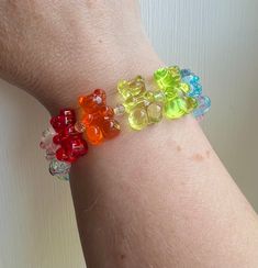 Cute and kitsch rainbow gummy bears stretch bracelet made with acrylic bears and clear glass beads Standard size Gummy Bear Bracelet, Rainbow Gummy Bears, Emo Accessories, Bracelet Rainbow, Moon Bracelet, Kandi Bracelets, Bear Crafts, Moonstone Beads, Gummy Bear