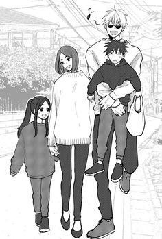 an adult and two children are walking down the street with one child on his back