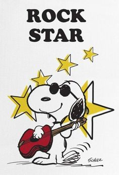 a cartoon dog playing a guitar with stars around it and the words rock star written in black