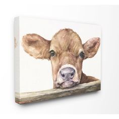 a painting of a brown cow looking over a fence with it's nose sticking out