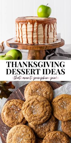 an image of thanksgiving desserts with apples and cake in the background text overlay