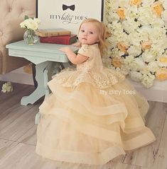 Princess Tiana Inspired Dress – Itty Bitty Toes Blush Colored Dress, Flower Girl Dresses Champagne, Flower Girls Dresses, Pink Flower Girl Dresses, Golden Lace, Party Frocks, Dress Champagne, First Communion Dress, Layered Tulle Skirt