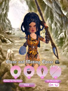 an image of a woman holding a spear in front of a cave with rocks and other items