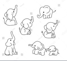 elephants and their babies are drawn in black ink on a white background, the baby elephant is