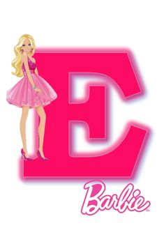 the barbie doll is standing next to the letter e