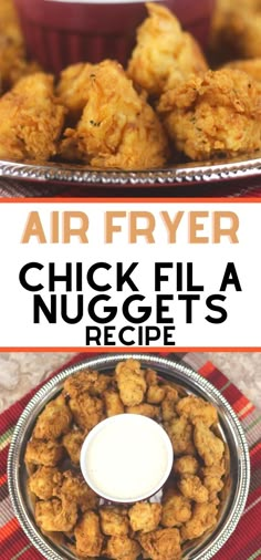 air fryer chicken nuggets recipe on a plate with ranch dressing in the background