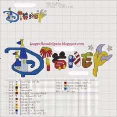 disney cross stitch pattern with mickey mouse and other characters in the font, which are all made up of different colors