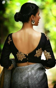 Top Blouse Back design - Tikli Fashion Tips ब्लाउज बैक नेक डिजाइन, Saree Inspiration, Black Blouse Designs, Sleeveless Blouse Designs, डिजाइनर कपड़े, Saree Jackets, Desi Outfits, Sari Design