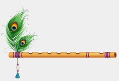 an illustration of a flute with peacock feathers and beads hanging from it's end