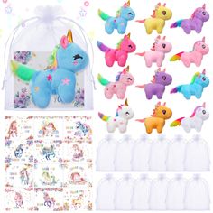 unicorn plush toys and accessories are shown in this image