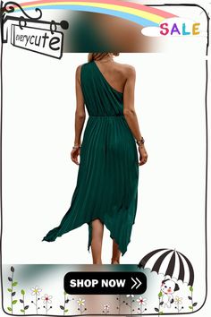 Dark Green One Shoulder Irregular Pleat Casual Dress Casual Green One-shoulder Maxi Dress, Asymmetrical Pleated One Shoulder Summer Dress, Pleated Asymmetrical One Shoulder Summer Dress, Asymmetrical Pleated Summer Dress, Summer One-shoulder Asymmetrical Pleated Dress, Pleated Asymmetrical One-shoulder Summer Dress, Casual One-shoulder Pleated Dress, Casual Green One-shoulder Midi Dress, Women Dresses Casual