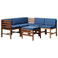 a set of three wooden benches with blue cushions on each seat and one bench in the middle