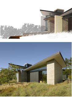 two images side by side showing the outside and inside of a house with an open roof