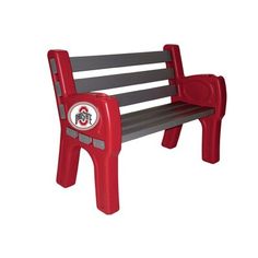 a red and gray plastic bench with the letter b on it's back side