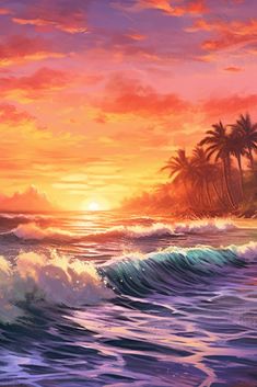 a painting of a sunset over the ocean with palm trees