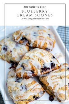 blueberry cream scones on a white plate with the title text overlay above it