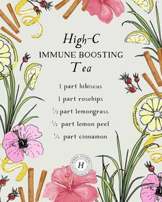 the front cover of high - c's immune booster tea, featuring pink flowers and lemons