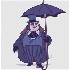 a cartoon character holding an umbrella and wearing a top hat, blue coat and tie