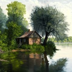 an oil painting of a house on the water's edge with trees in the background