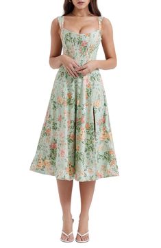 HOUSE OF CB Saira Floral Lace-Up Corset Cocktail Dress | Nordstrom Dress Midi Elegant, Floral Print Dress Summer, Corset Midi Dress, Floral Corset, Midi Sundress, Split Dress, House Of Cb, Daily Dress, Floral Midi Dress