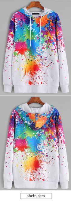 White paint splatter print hooded sweatshirt. Hipster Outfits, Printed Drawstring, T Shirt Diy, White Paint, Paint Splatter, Fashion Mode, Teen Fashion, Lany, Diy Clothes