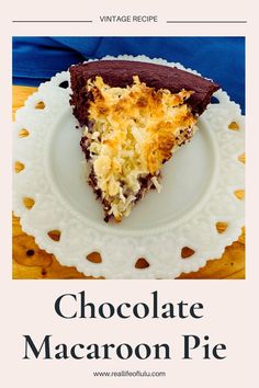 Slice of chocolate pie with shredded coconut on top on white plate. Macaroon Pie, Chocolate Macaroon, Delicious Thanksgiving Desserts, Chocolate Coconut Macaroons, Chocolate Pie With Pudding, Coconut Filling, Chocolate Crumbs, Chocolate Macaroons, Chocolate Crust