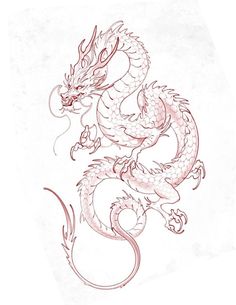 a drawing of a dragon with red ink on it's body and head, sitting in