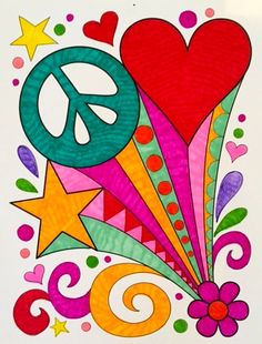 the peace sign is surrounded by stars and swirls on white paper with colorful designs