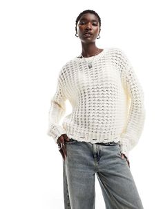 Sweaters & Cardigans by Collusion Exclusive to ASOS Round neck Drop shoulders Oversized fit Relaxed Fit Crew Neck Open Knit Sweater, Oversized White Cropped Sweater For Layering, Cozy Oversized Off White Sweater, Cozy Oversized Off-white Sweater, Trendy Oversized Pointelle Knit Sweater, Oversized Textured Knit White Outerwear, Oversized White Textured Knit Outerwear, Oversized Pointelle Knit Winter Sweater, White Chunky Knit Crew Neck Outerwear