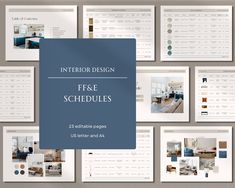 the interior design for free schedules is displayed in blue and white colors, along with other items