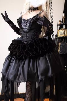 Black Chiffon Dress With Ruffles, Black Wedding Dress With Ruffled Skirt, Elegant Halloween Dress With Attached Cancan, Black Gothic Dress With Ruffled Skirt, Gothic Ruffled Dress For Costume Party, Gothic Fitted Dress With Ruffled Skirt, Fitted Gothic Dress With Ruffled Skirt, Elegant Halloween Dress With Ruffles, Elegant Ruffled Halloween Dress