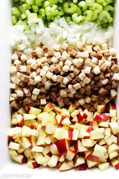 chopped apples, celery, and diced meat in a white dish