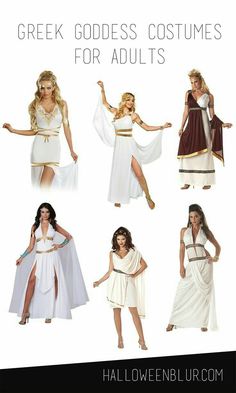 greek goddess costumes for adults from halloween costume shop, including dresses and headpieces