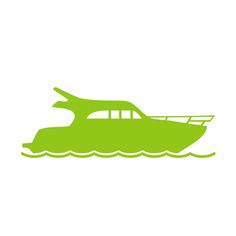 a green boat floating in the water on a white background with text that reads,