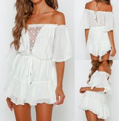 Simply sweet ... simply perfect. Featuring an off-the-shoulder top with sheer lace detail, a drawstring waist, and a peek-a-boo back.  Pairs perfectly with wedges or sandals.  Made with a polyester blend for comfort and style. Flowy Summer Jumpsuits And Rompers For Brunch, Summer Brunch Jumpsuits And Rompers With Short Sleeves, Elegant Summer Jumpsuits And Rompers With Lace Trim, Flowy Casual Jumpsuits And Rompers For Brunch, Summer Flowy Jumpsuits And Rompers For Brunch, Casual Flowy Jumpsuits And Rompers For Brunch, Chic Off-shoulder Beach Jumpsuits And Rompers, Chic Off-shoulder Jumpsuits And Rompers For Beach, White Ruffled Jumpsuits And Rompers For Vacation