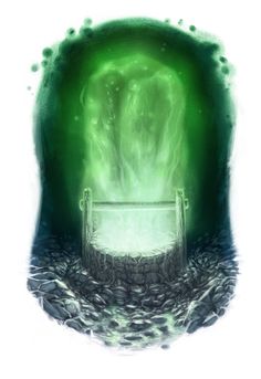 an abstract painting of a chair in the middle of a room with green light coming from it