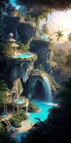 an island with waterfall and pool surrounded by palm trees in the middle of a jungle