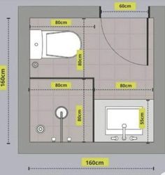 the floor plan for a bathroom is shown in yellow and gray, along with measurements