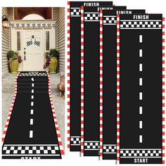 three black and white checkered rugs on the side of a house with a door