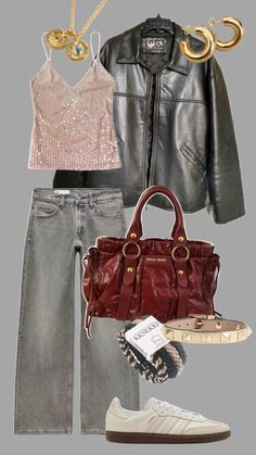 a woman's outfit and purse is shown with shoes, handbags, and clothing