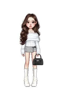 a girl with long brown hair is holding a black purse and wearing white socks,